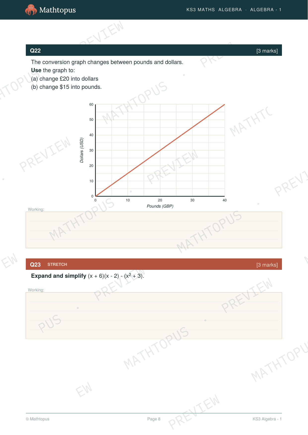 Preview of KS3 Algebra Whole-Topic Test Paper with Mark Scheme