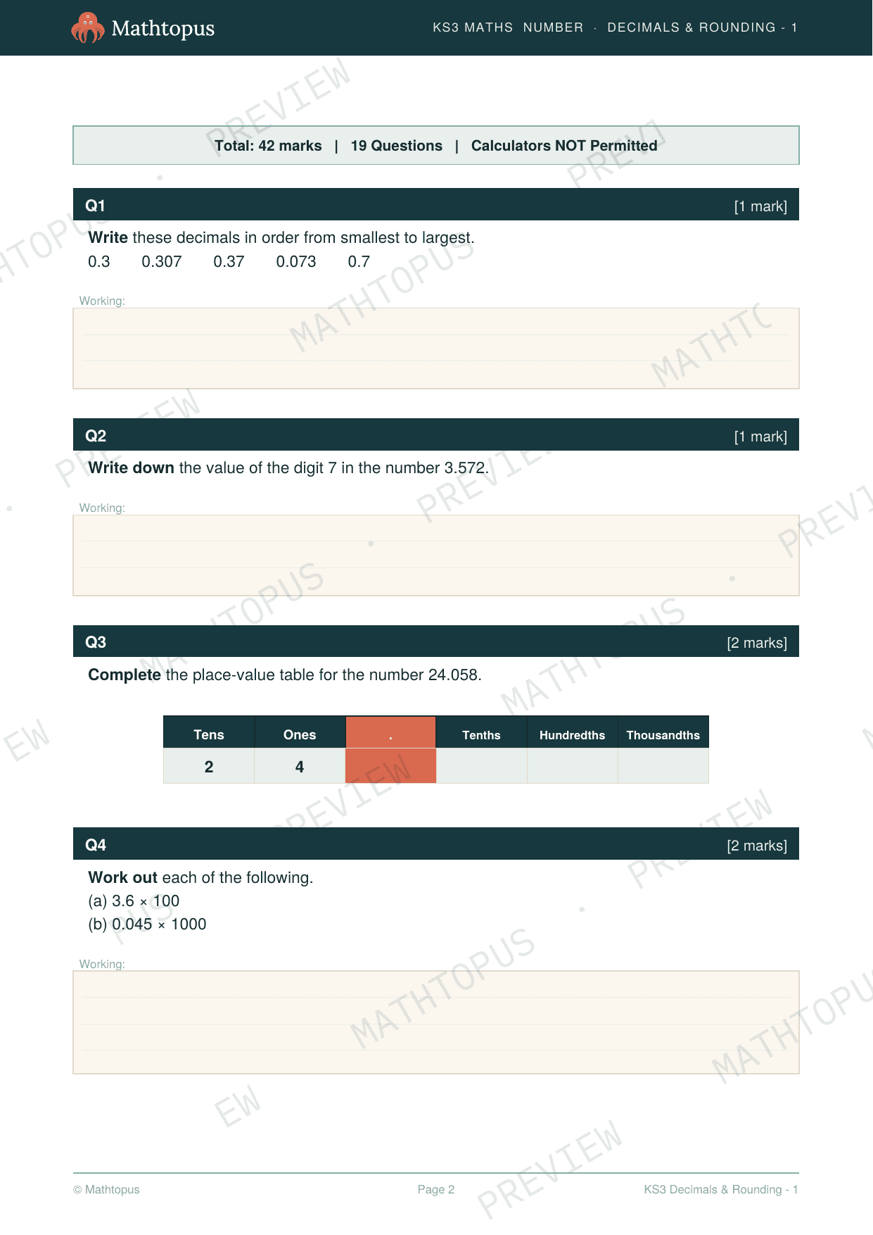 Preview of KS3 Decimals & Rounding Test Paper with Mark Scheme