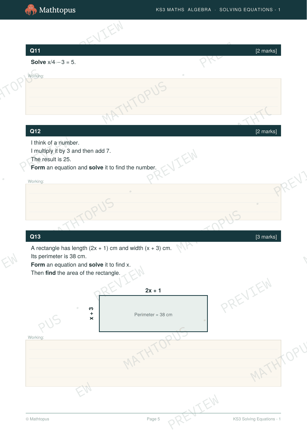 Preview of KS3 Solving Equations Test Paper with Mark Scheme