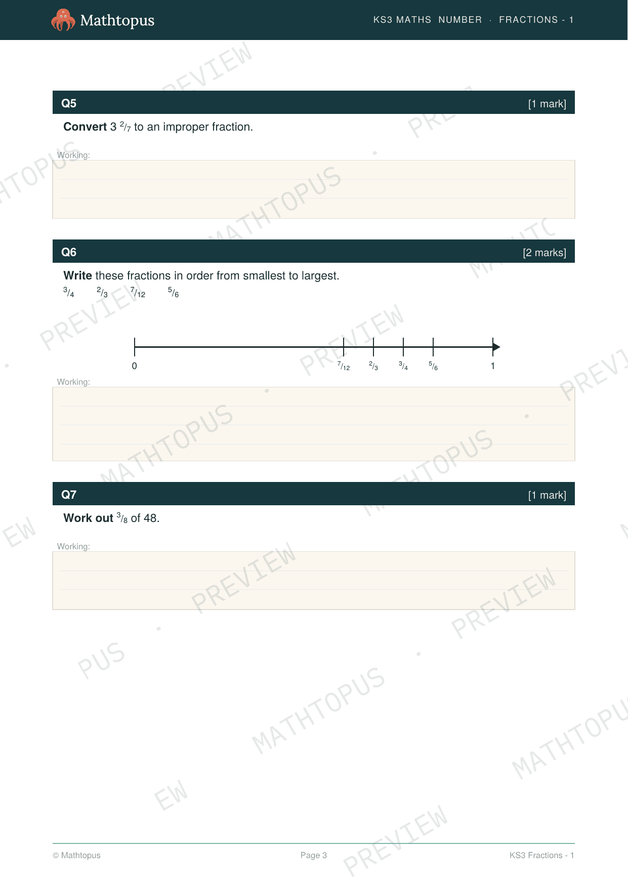 Preview of KS3 Fractions Test Paper with Mark Scheme