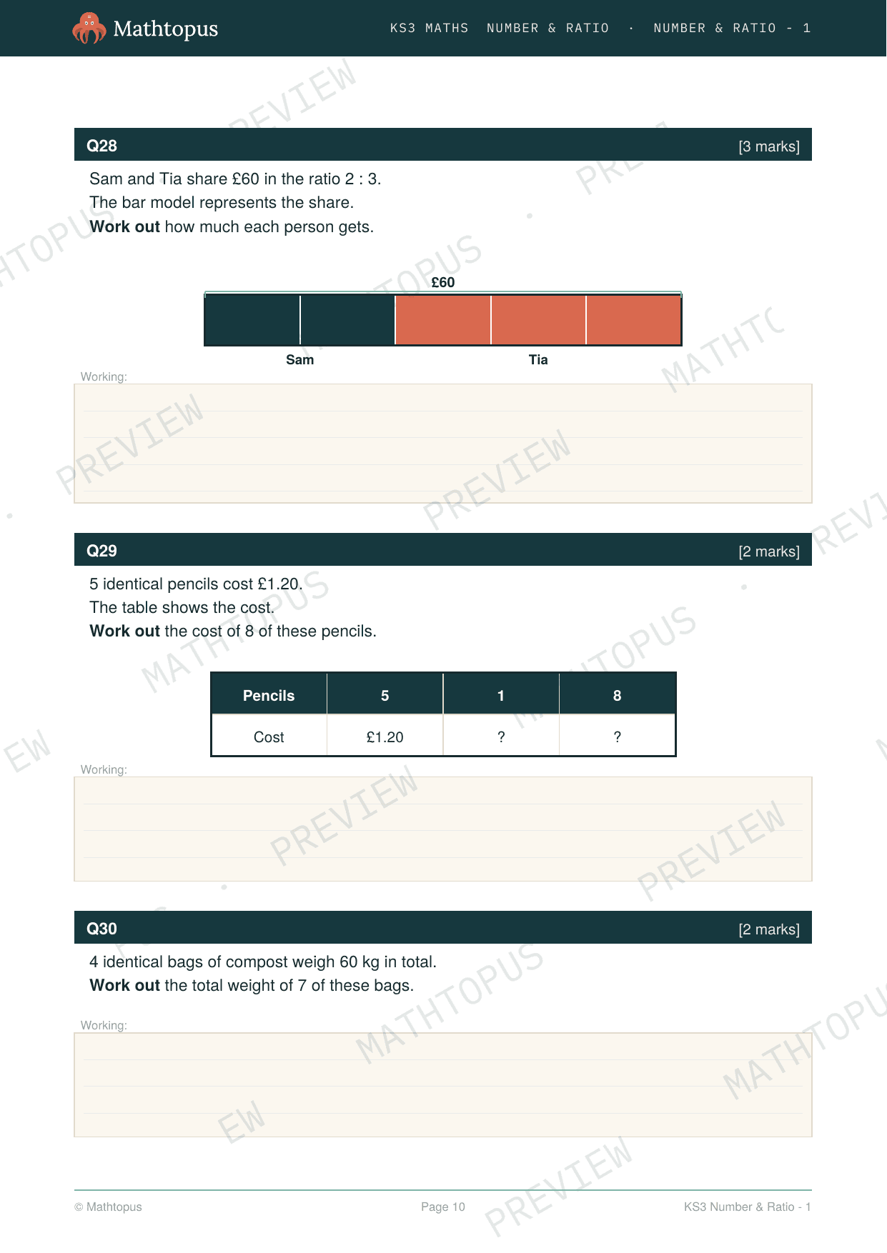 Preview of KS3 Number & Ratio Whole-Topic Test Paper with Mark Scheme