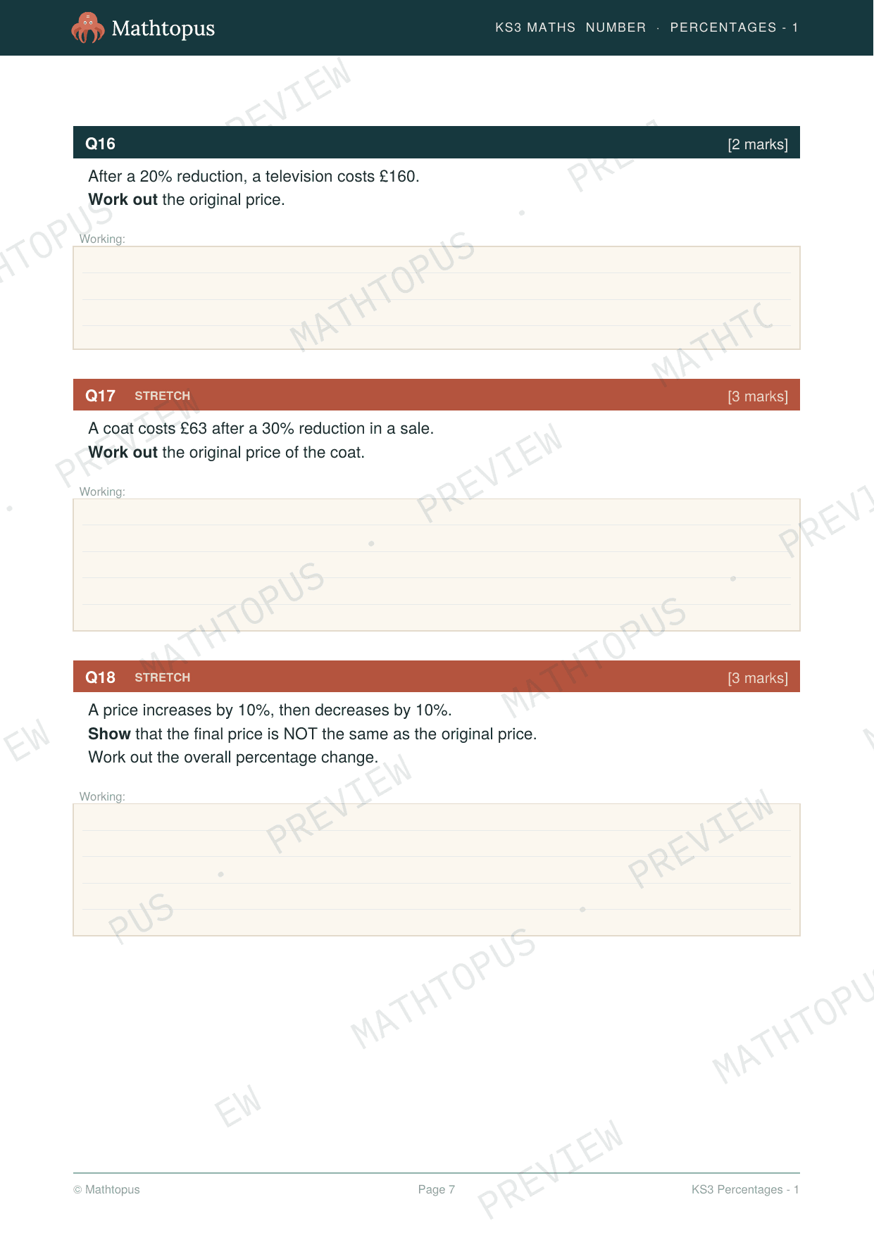 Preview of KS3 Percentages Test Paper with Mark Scheme