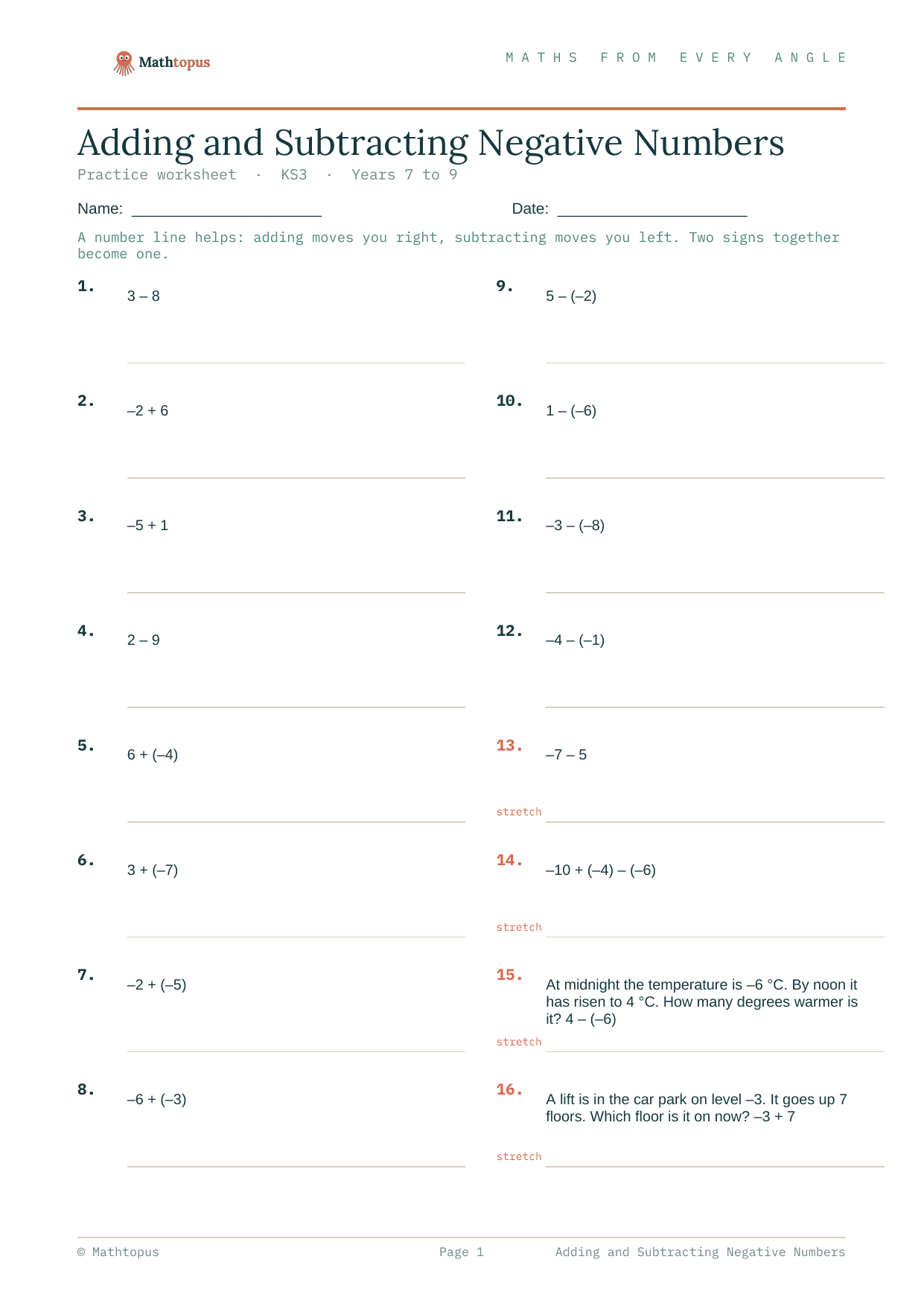 Preview of Adding and Subtracting Negative Numbers — Free KS3 Worksheet
