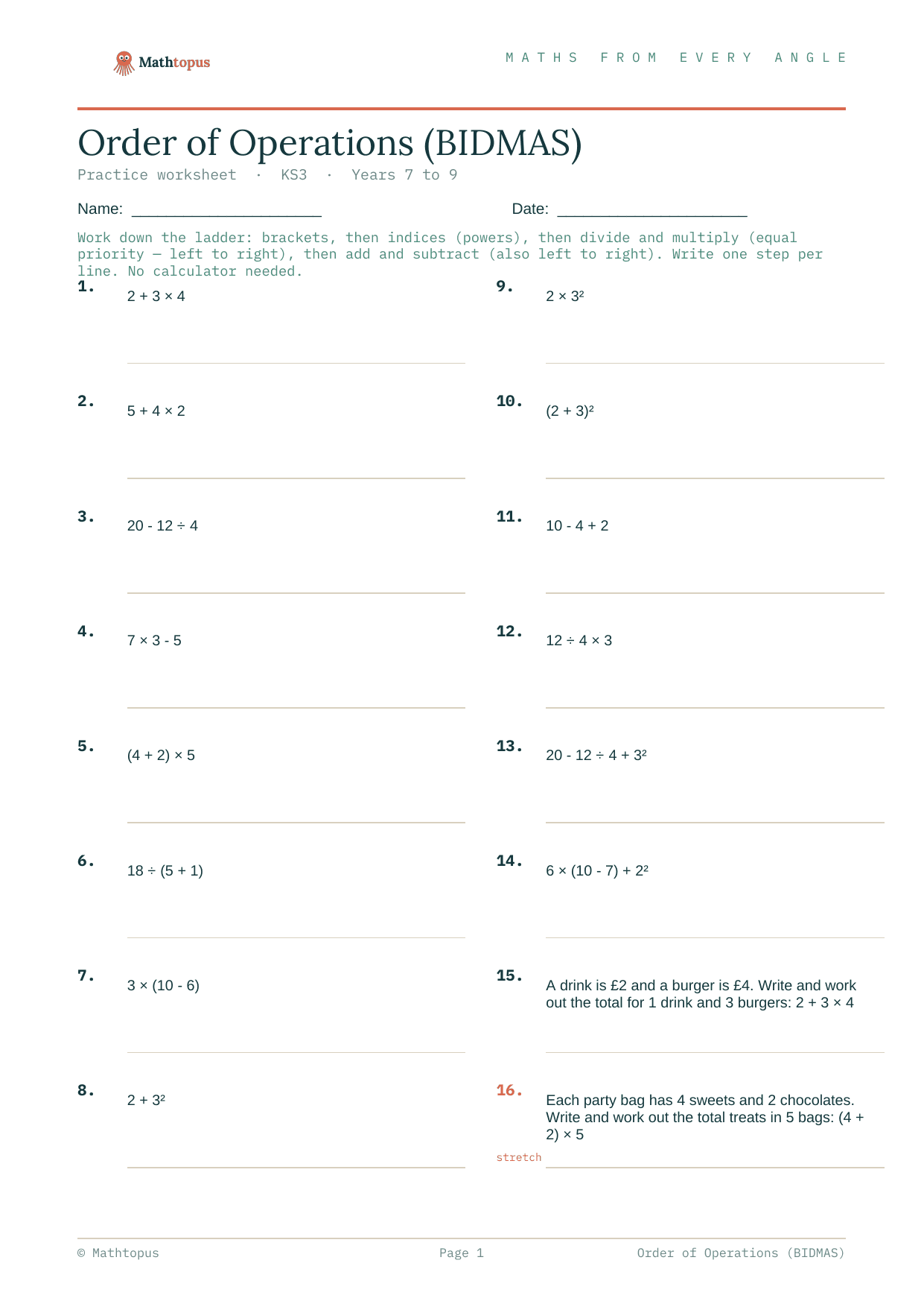 Preview of BIDMAS Practice — Free KS3 Order of Operations Worksheet
