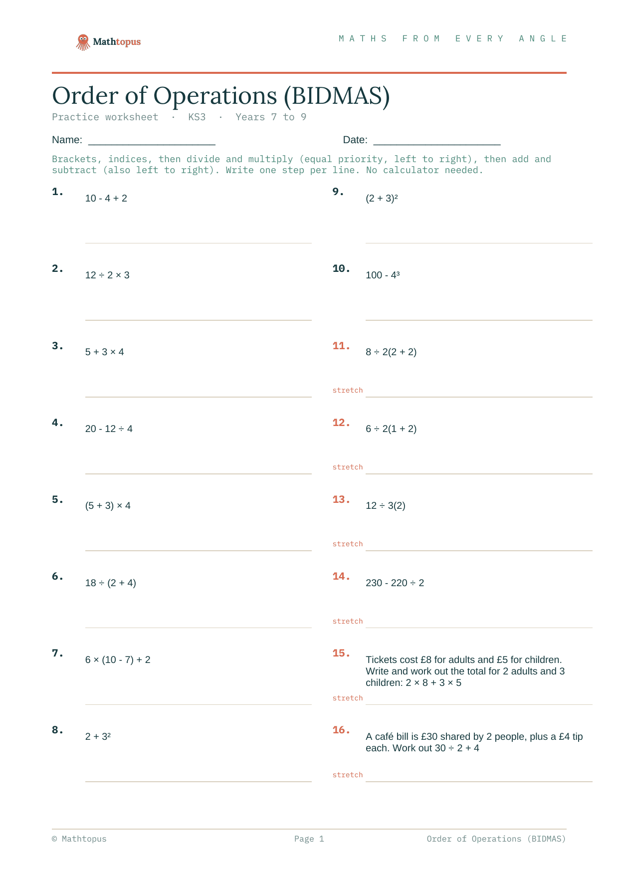 Preview of Order of Operations (BIDMAS) — Free KS3 Worksheet