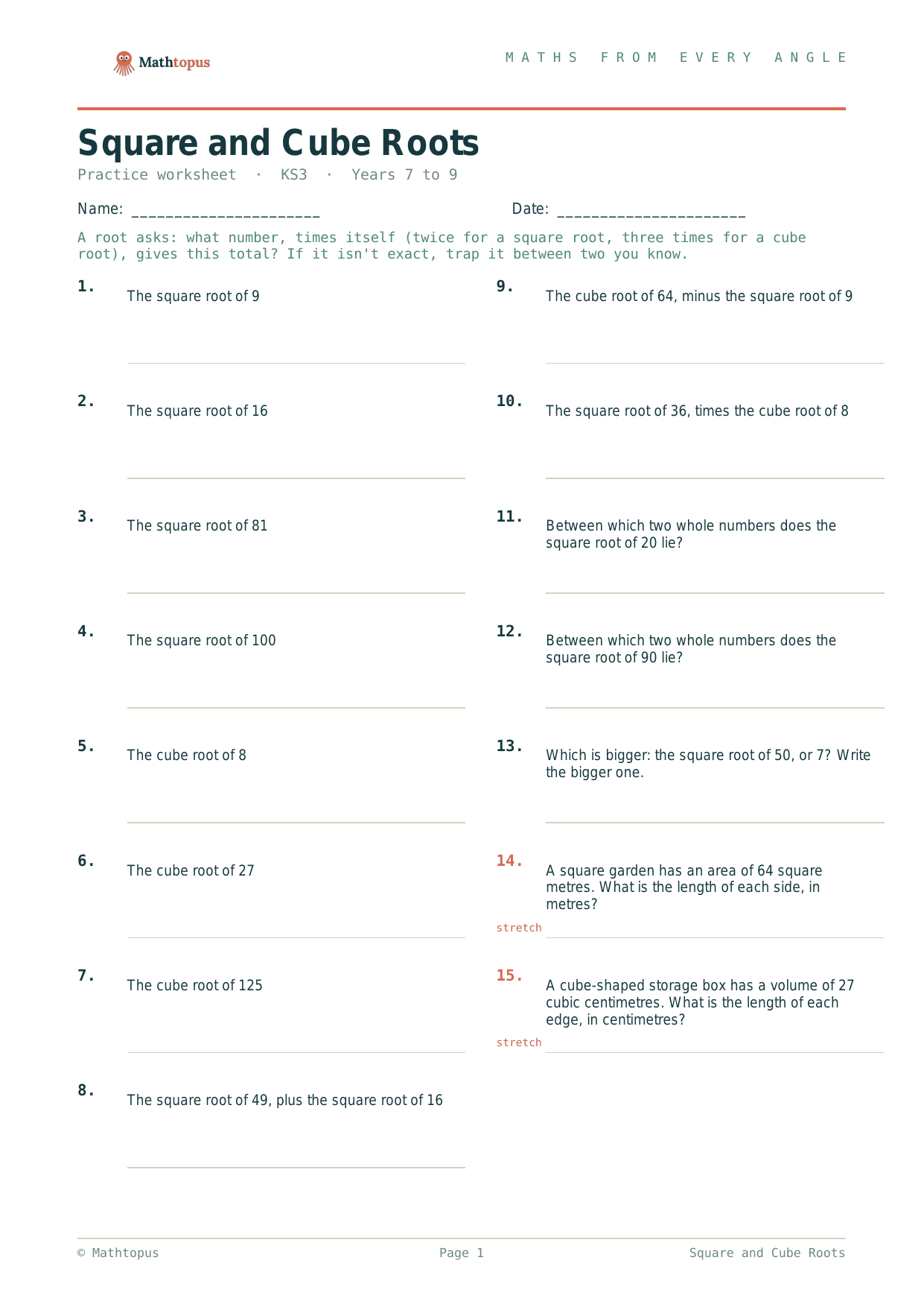 Preview of Square and Cube Roots — Free KS3 Worksheet